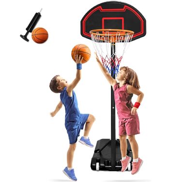 Баскетбольний кошик UISEBRT вуличний з м'ячем та насосом для дітей - стійка 156-208 см, регульована висота, мобільна баскетбольна установка на колесах, міні кошик для гри в приміщенні та на вулиці