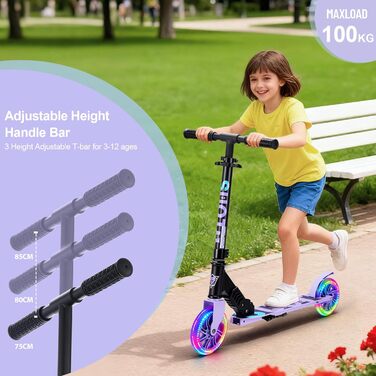 Самокат дитячий SUOTU з колесами 145 мм, до 100 кг, світлодіоди, складаний, регульована висота, алюмінієвий (Чорно-фіолетовий) для хлопчиків та дівчаток 3-12 років