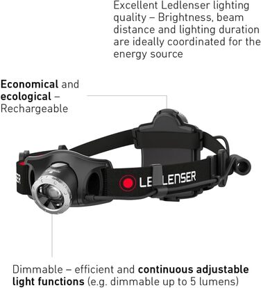 Ліхтар налобний LED Ledlenser H7R.2, акумуляторний, 600 люмен, фокусований, до 120 годин роботи, червоне заднє світло, поворотний, USB-кабель