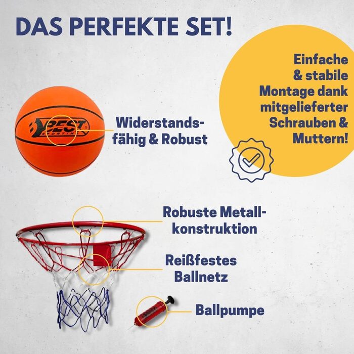 Баскетбольний щит Best Sporting для вулиці, настінний набір з м'ячем і насосом, металеве кільце Ø 45 см, сітка, для дітей