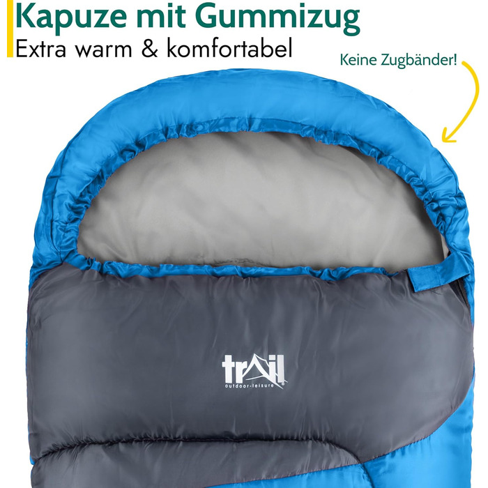 Дитячий спальник Trail Mumienschlafsack для кемпінгу 3 сезони, блакитний, 300 г/м² - з транспортним рюкзаком для хлопчиків та дівчаток