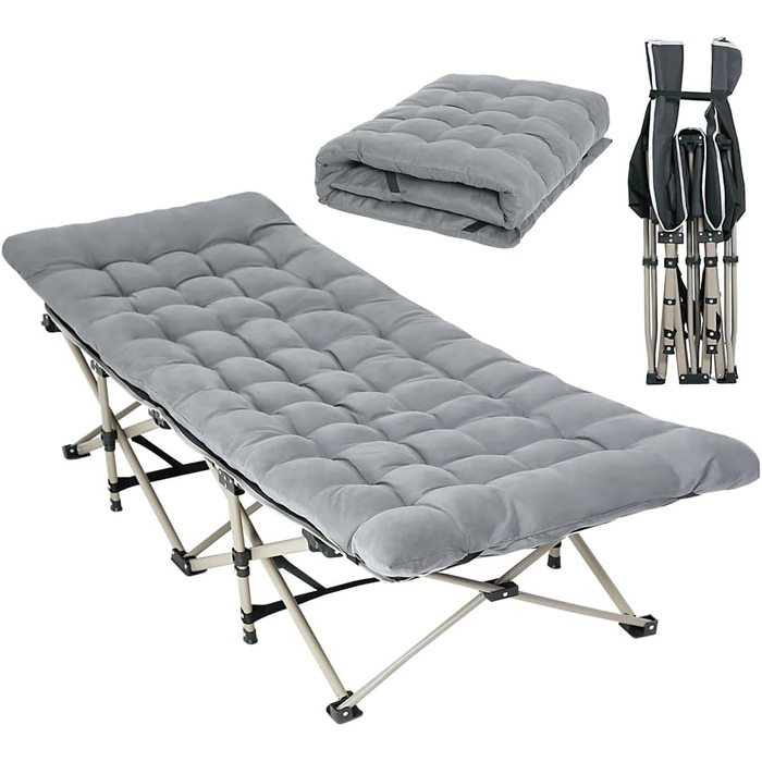 Розкладне ліжко-крісло для кемпінгу з матрацом, 176x64x37 см. Макс. вантажопідйомність 250 кг, з сумкою для перенесення. Підходить для відпочинку на природі, в саду, на пляжі та в подорожах.
