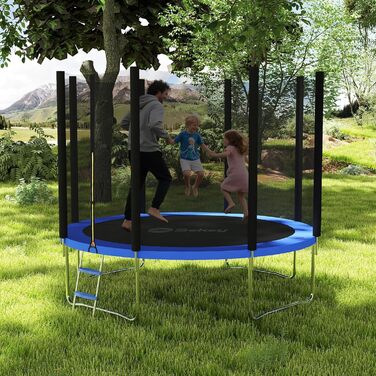 Батут Sekey Outdoor 244/305/366 см - сертифікований TÜV Rheinland GS, дитячий, для саду, з безпечним мотузковим драбиною, посиленим захисним сіткою та захисним бортиком, блакитний (305 см/10 футів)