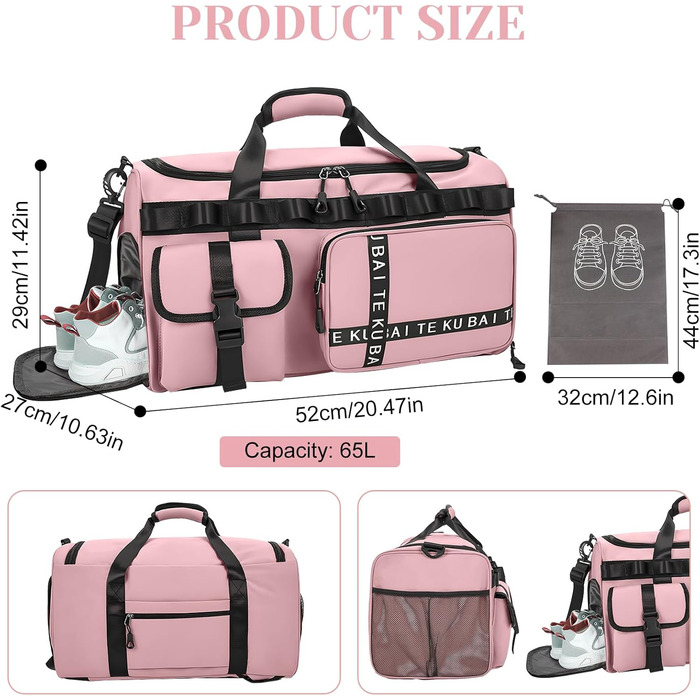 Спортивна сумка для подорожей 65Л з відділенням для взуття та мокрих речей, містка сумка для залу, плавання та коротких поїздок (Рожева)