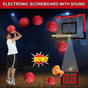 Великий баскетбольний кошик HYES 60×40 см для дітей, з LED підсвіткою, лічильником очок, 2 м’ячами та насосом, настінний для приміщення, червоний