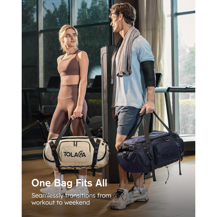 Спортивна сумка-рюкзак Tolaccea для чоловіків та жінок – велика дорожня сумка з відділенням для взуття, мокрою одежі та ноутбука (15,6'') – водонепроникна сумка-мішок для відпочинку, фітнесу, спорту та подорожей (Хакі, 40л)