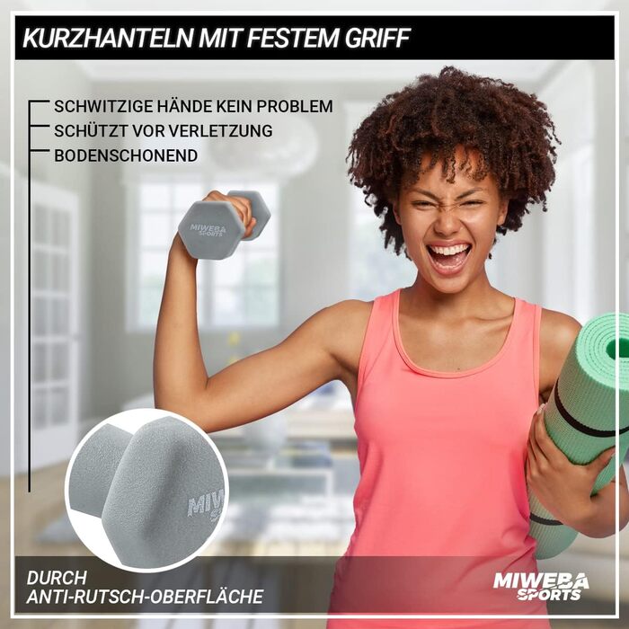 Неопренові гантелі Miweba Sports NKH100, 2×8 кг, гексагональні, для фітнесу, бірюзові, короткі, набір для дому та залу
