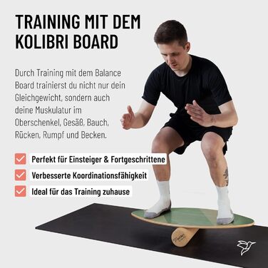 Балансувальна дошка Kolibri Round Grip з корковим роликом, дерев'яна, зелена, для початківців та професіоналів, екологічна, без пластику, вироблено в Німеччині
