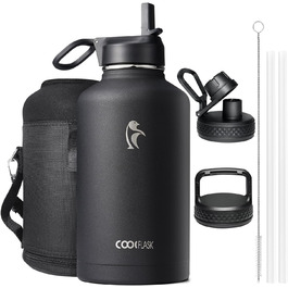 Ізольована пляшка для води Coolflask 2L з трубочкою та 3 кришками, з нержавіючої сталі, для спорту та офісу, подвійне вакуумне покриття, чорна, 2000 мл