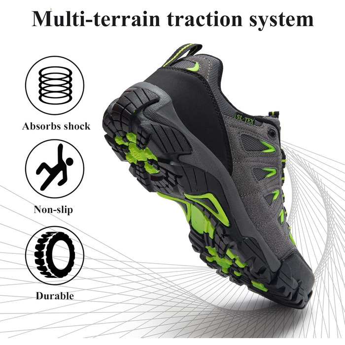 Черевики для туризму SHULOOK чоловічі водонепроникні, легкі, трекінгові, з підтримкою гомілкостопа, антиковзаючі, сірі, зелені, 44 EU
