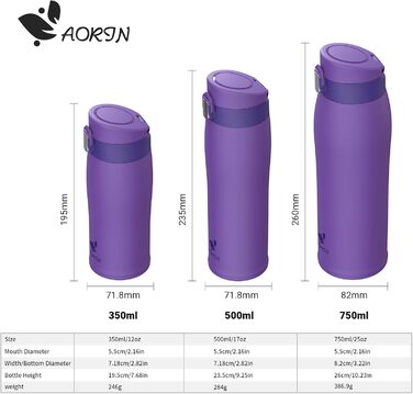Пляшка для води AORIN з нержавіючої сталі 500 мл, термос, герметична, BPA-free, для спорту, школи, на вулицю, фіолетова