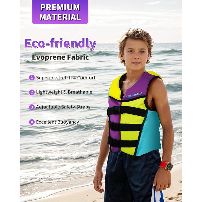 Owntop Жилет рятувальний дитячий та підлітковий, фіолетовий, M. Регульований, з триразовою системою безпеки. Підходить для каякінгу, плавання, риболовлі та снорклінгу.