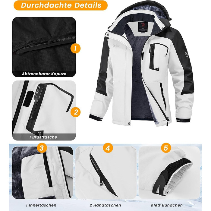 Зимова куртка Rdruko для сноуборду та гірськолижного спорту: тепла, водонепроникна, з капюшоном, Softshell, чорно-біла, XXL