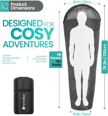 Спальний мішок Mumienschlafsack для дорослих - легкий, компактний, водонепроникний, з капюшоном, 220x85 см - теплий, пральний, для кемпінгу, піших прогулянок, подорожей (сірий)