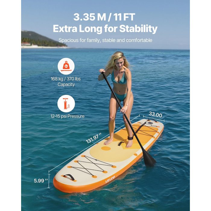 Надувний SUP-борд VEVOR Stand Up Paddle Board 323/335 см з аксесуарами: насос, весло, рюкзак, ремкомплект, кишеня для телефону. Підходить для дітей та дорослих.