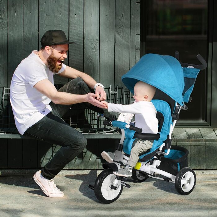 Триколісний велосипед HOMCOM 6-в-1 з батьківською ручкою для дітей 1-5 років (до 25 кг), з реверсом, кошиком, тримачем для пляшки та сонцезахисним дахом (блакитний)