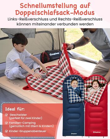 Сплячий мішок KingCamp для дітей з фланелі, легкий, водонепроникний, компактний, зимовий, 4 сезони, для кемпінгу, підходить для дітей до 140 см, комфортна температура: 7°C (червоний)