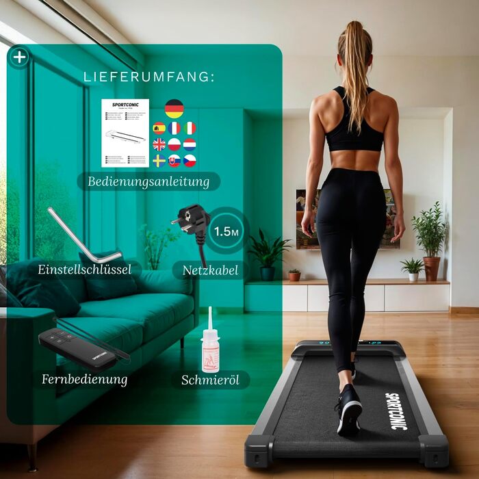 Біговий тренажер Sportconic складний - Walking Pad з нахилом та пультом дистанційного керування. Тиха фітнес-машина для дому, офісу та тренувань (1-6 км/год)