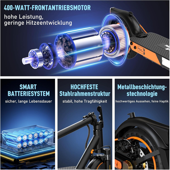 Електросамокат MEGA MOTION з дорожнім допуском, 400W, APP, швидкість до 20 км/год, акумулятор 7,8 А·год, вага 15 кг, складаний, подвійне гальмо, подвійний амортизатор, для дорослих, чорний-оранжевий