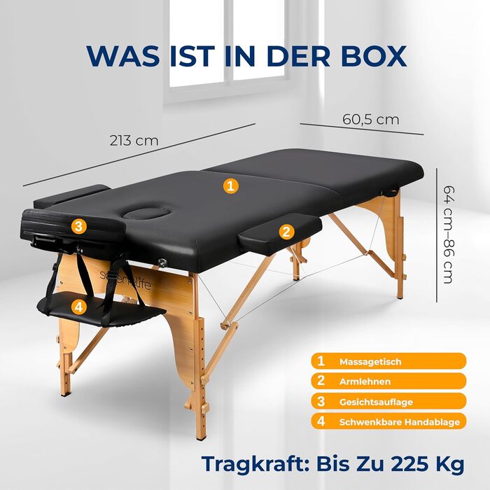 Крісло-масаж SereneLife складне - 3 зони, дерев'яний каркас, регулювання висоти, чорний колір. Портативне, з сумкою, PU-обтягнення та піна. Для велнес, косметології та терапії