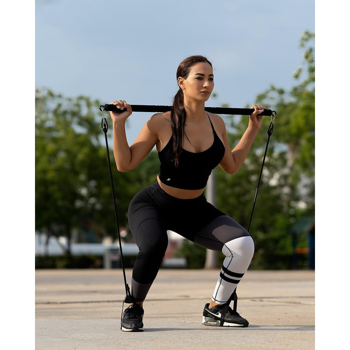 Пілатес Бар для фітнесу Breaking Limits - набір зі стійкою та 6 гумками для дому. Сталь, піна, чорний ремінь