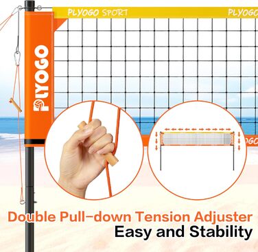 Волейбольна сітка PLYOGO для вулиці, професійний набір, регульовані алюмінієві стійки, анти-саг дизайн, подвійний регулятор натягу, для пляжу та газону