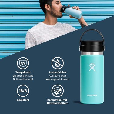 Термос HYDRO FLASK 473 мл вакуумний з нержавіючої сталі, герметичний, з кришкою Flex для напоїв, для кави, синій Pacific