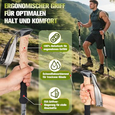 Телескопічні палиці для скандинавської ходьби Nordic Walking з корковими ручками, алюмінієві регульовані палиці для хайкінгу та прогулянок, 62–135 см, чорні (Upgrade 2025)