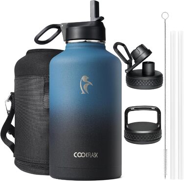 Термос пляшка для води 2 л Coolflask з нержавіючої сталі з трубочкою та 3 кришками, подвійна вакуумна ізоляція, для спорту та офісу, сірий, не протікає