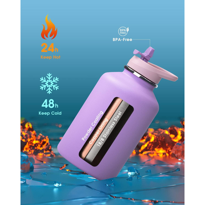 Пляшка для води Coolflask 2 л з нержавіючої сталі з PU-чохлом, з трубочкою, термобутилка для напоїв, зберігає холод 48 годин, тепло 24 години, фіолетова