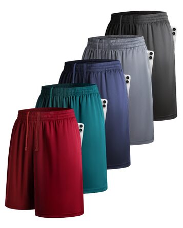 5 пар чоловічих спортивних шортів для бігу та тренувань, з кишенями та еластичним поясом, швидковисихаючі (XXL, чорний, графітовий, темно-синій, темно-зелений, кармінний)