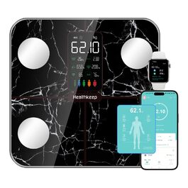 Вага для вимірювання жиру та м'язів, персональна вага, цифрова вага, вимірювання 15 параметрів, вимірювання частоти серця, сумісна з Apple Health та Samsung Health, біла (280 Marmor schwarz)