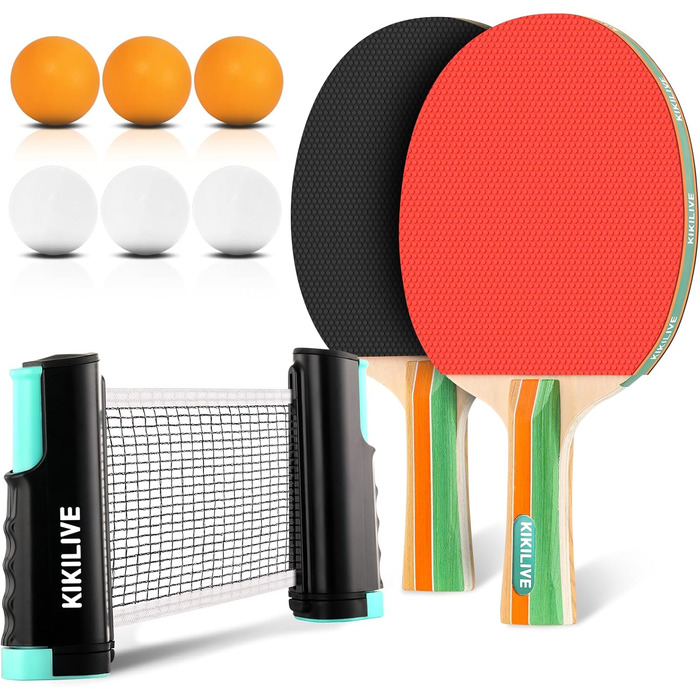 Набір для пінг-понгу для 2 гравців – 2 ракетки, сітка, 6 м'ячів. Підходить для гри в приміщенні та на вулиці. Кольори: блакитний/зелений (чорний/червоний)