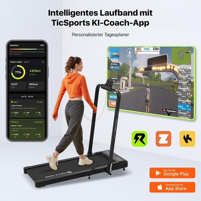 Біговий тренажер Mobvoi Home Laufband Plus: Розумний AI 3-в-1, складний, 2.5 PS, LED-дисплей, динаміки, велика поверхня для бігу, додаток TicSports, до 120 кг, швидкість до 12 км/год, регулювання нахилу
