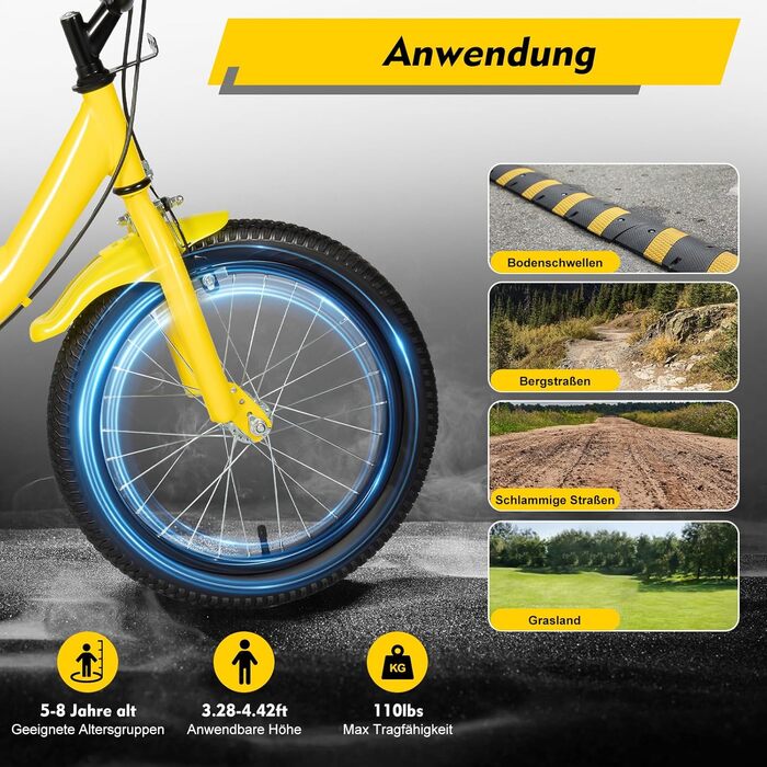 Дитячий велосипед 16 дюймів для дітей 5-8 років (105-135 см), міцний сталевий велосипед з додатковими колесами, регульоване сидіння та кермо (жовтий)