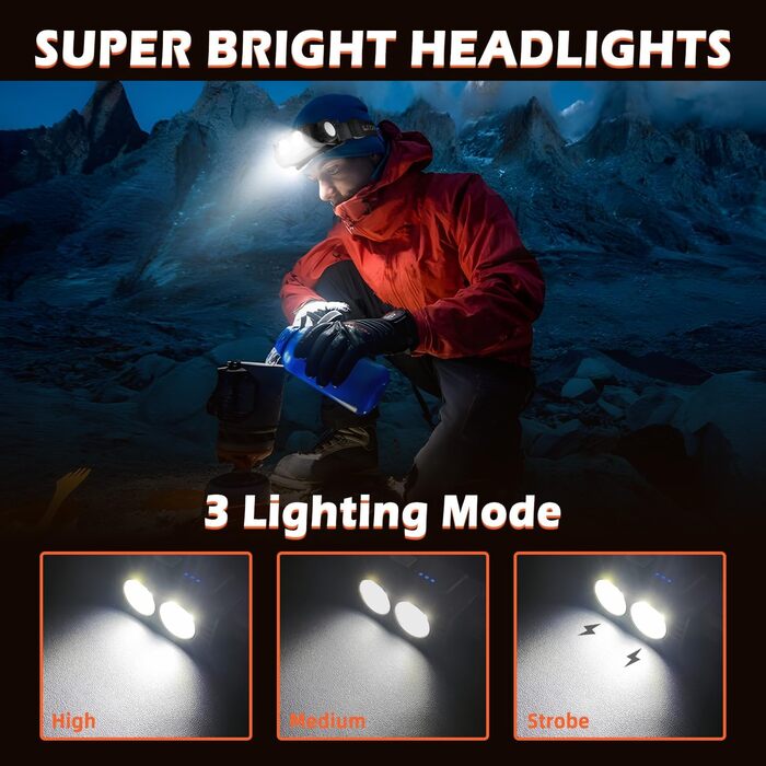 LED налобний ліхтар 2 шт. 2000 люменів, 3 режими, водонепроникний, для риболовлі, бігу, кемпінгу (чорний)