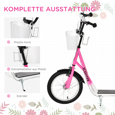 HOMCOM Дитячий скутер Скутер Kick Scooter з регулюванням висоти гальмівного кошика для 5-12 дитячих самокатів Kickboard Алюмінієвий сплав Гума Рожевий + Білий | Аосом