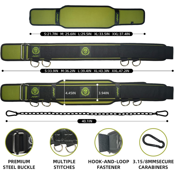 Гірчичний вантажний пояс для важкої атлетики 2-в-1 з ланцюгом для додаткового навантаження, присідання, станова тяга, пауерліфтинг (S, зелений/зелений)