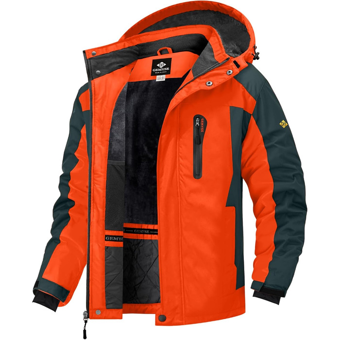 Чоловіча зимова куртка GEMYSE з капюшоном, вітро- та водонепроникна, з флісовою підкладкою для активного відпочинку (M, Помаранчевий/Сірий 08)