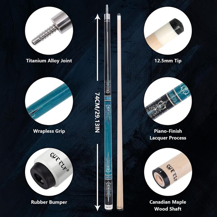 Професійний більярдний кий CUEELF для пулу з низьким відхиленням, 13 мм кінчик, вага 552-567 г (20 oz), чорно-синій, у жорсткому кейсі