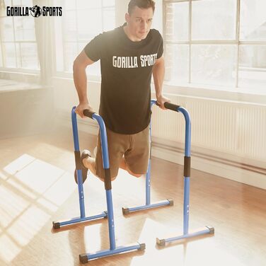 Паралети GORILLA SPORTS® для віджимань і діпів, 2 шт, сталь, 68x45x94 см, до 200 кг, нековзкі, сині – станція для діпів, бруси для каллістеніки