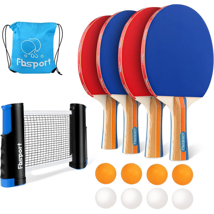 Набір для настільного тенісу Profi: 4 ракетки, сітка, 8 м'ячів, сумка. Підходить для дітей та дорослих (червоний + синій)