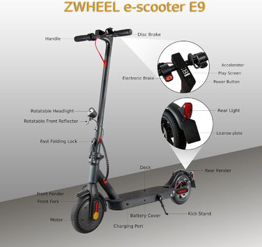 Електросамокат ZWHEEL E9 2023 для доріг з ABE, 350-400Вт, 30км, рекуперація, 8.5'' надувні колеса, амортизація, для дорослих, до 120кг