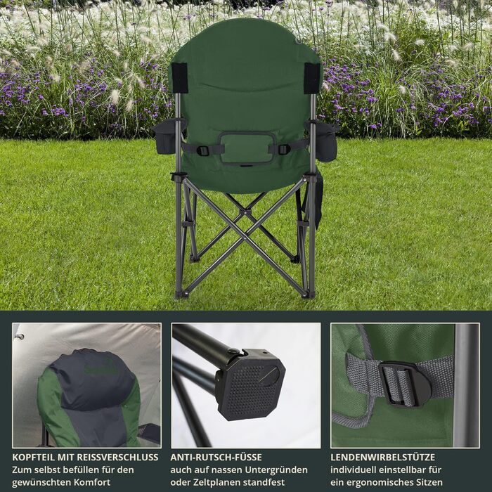 Сккандика Relax Comfort: Зручний складаний стілець для кемпінгу з підстаканником та охолоджувальним відділенням, до 160 кг, зелено-сірий