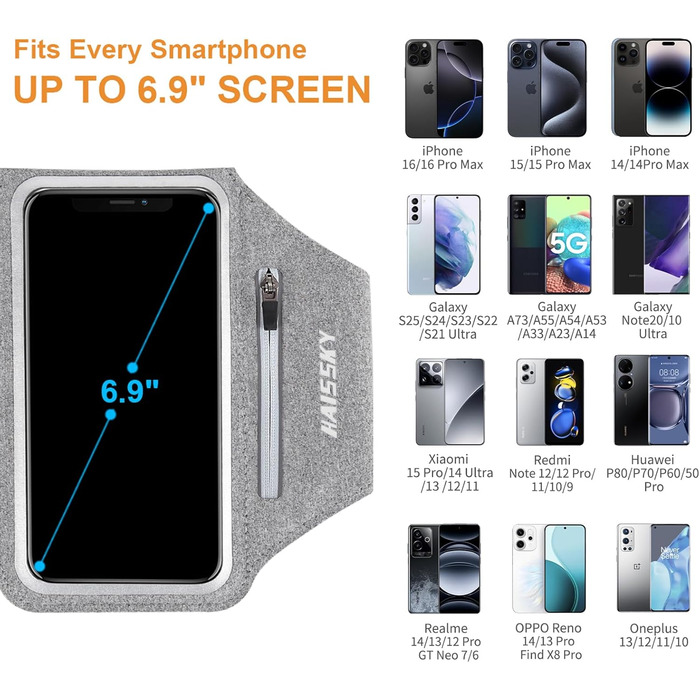 Спортивний браслет для телефону Haissky з кишенькою для навушників (6.9 дюйми) - сірий