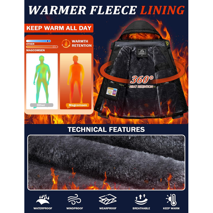 Чоловіча флісова куртка MAGCOMSEN на зиму. Тепла, з підкладкою, для катання на лижах, туризму та кемпінгу. Вітро- та водонепроникна, з капюшоном. Розмір XL, чорно-сіра.