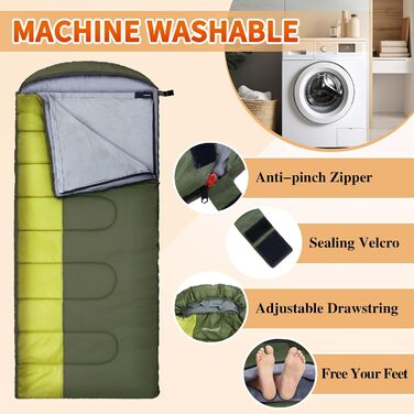 Спальний мішок Outdoor для дорослих, машинного прання, зимовий, водонепроникний, 3-4 сезони, з компресійним мішком, для кемпінгу, походів, подорожей, 0°C-Комфорт, Чорний (Оливковий), 220x85CM-L