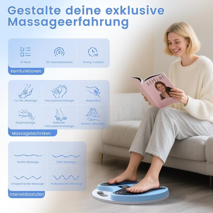 Масажер для ніг та стегон EMS, стимулятор кровообігу – покращує циркуляцію крові, знімає втому ніг та стегон, з 4 електродами TENS, блакитний/сірий