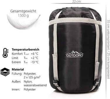 Спальний мішок Outdoro 3-4 сезони для кемпінгу та відпочинку на природі (чоловічий, жіночий)