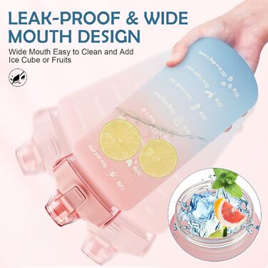 Спортивна пляшка для води MOMSIV 2L з трубочкою та відсіком для фруктів, з позначками часу, чорно-рожева, BPA Free